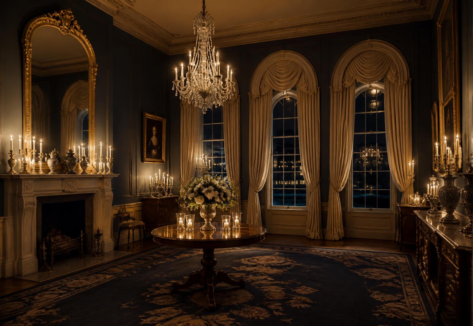 Candlelit salon of a grand ambassadorial residence in Belgrave Square